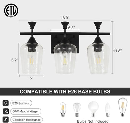 Bathroom Light Fixtures (3-Light, 19 Inch), Matte Black Vanity Lights for Bathroom with Clear Wine Glass Glass Shade, Modern Vanity Wall Lights for Mirror Bedroom Living Room Kitchen Hallway Porch