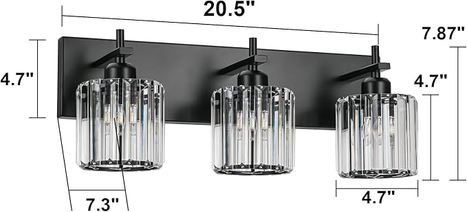 Black Crystal Bathroom Vanity Lights, Modern 3-Lights Bathroom Lighting Fixtures Over Mirror, Crystal Wall Lighting with Round Shade