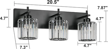 Black Crystal Bathroom Vanity Lights, Modern 3-Lights Bathroom Lighting Fixtures Over Mirror, Crystal Wall Lighting with Round Shade