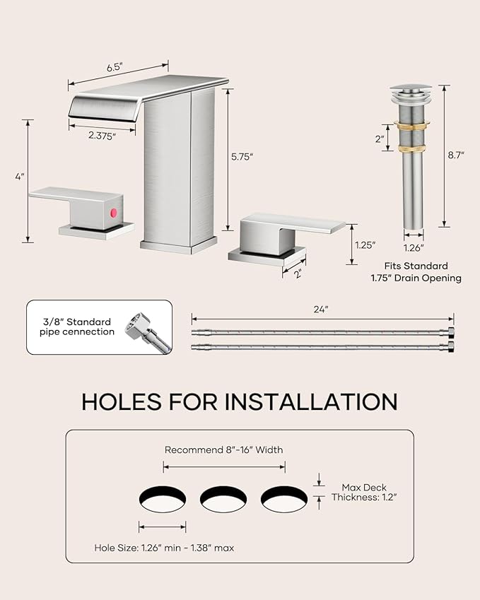 Waterfall Bathroom Faucet 3 Hole, Brushed Nickel 8 Inch Widespread Modern 3 Piece Bathroom Sink Faucet, Touch On Lavatory Faucet for Vanity RV Restroom, Straight Spout