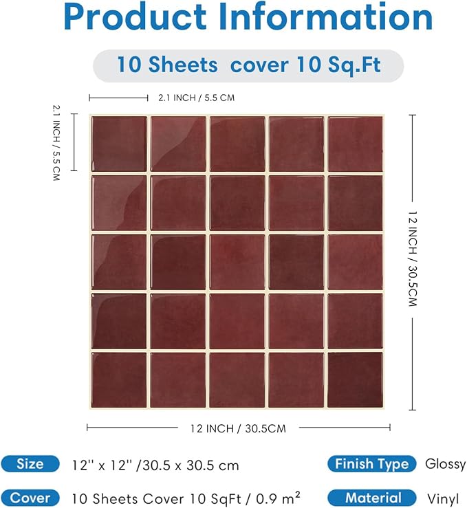 Thicker 3D Peel and Stick Backsplash Tiles, 10 Pcs 12" x 12" | Red, Glossy Self Adhesive Backsplash Sticker for Renter Friendly Kitchen Bathroom Wall Makeover, Cover 10 sq ft，Removable