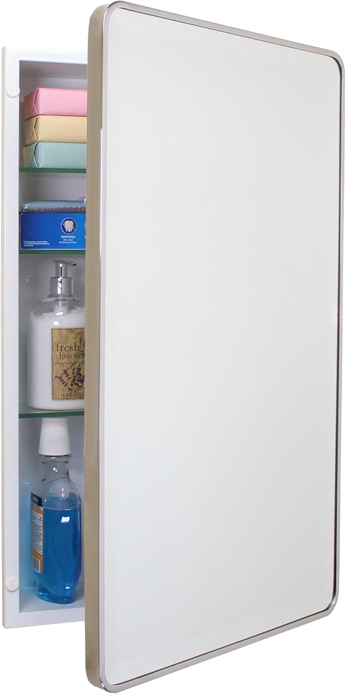 16x26 Austin Farmhouse Metal Framed Rounded Rectangle Recessed Bathroom Medicine Cabinet, Beveled Mirror, 14x24 in-Wall Opening, powder-coated Steel, Adjustable Glass Shelves, Magnet Close, Chrome
