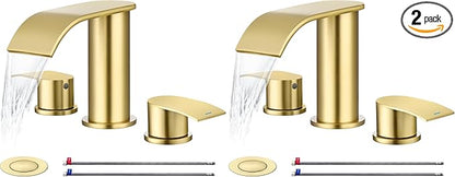 Ultimate Unicorn 8 inch Bathroom Faucet Brushed Gold, Waterfall Bathroom Faucet with Metal Pop-up Sink Drain Stopper and 2 Supply Hoses,2 Handle Widespread Faucets for Vanity Sink 3 Holes (Pack of 2)