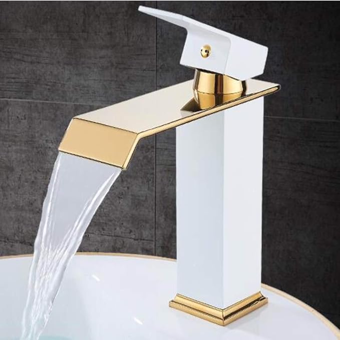 Faucet Square Faucets Waterfall Bathroom Single Handle Basin Mixer Tap Bath Antique Faucet Brass Sink Water Crane Chrome (Gold and White) Faucet