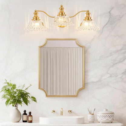 Gold Bathroom Light Fixtures Over Mirror, 3 Light Vintage Bathroom Vanity Light Fixture with Clear Flower Glass Shades, Retro Brass Vanity Lights for Bathroom, Bathroom Vanity Lights Over Mirror