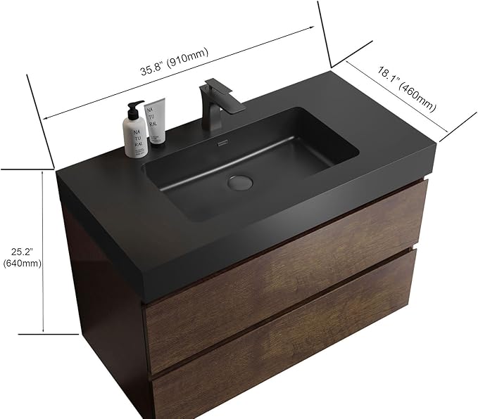 36" Floating Bathroom Vanity with Black Sink, Modern Bathroom Cabinet with Top and Soft Close Drawers, Spacious Storage for Small Space, Walnut - Lavanda Collection