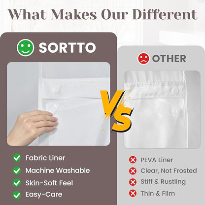 SORTTO No Hook Slub Shower Curtain with Liner, 71x98, Black | Snap in Liner, 3 in 1, Bamboo Texture, Hotel Style, Waterproof Fabric, Mesh Top Window, Corner Magnets, Machine Washable