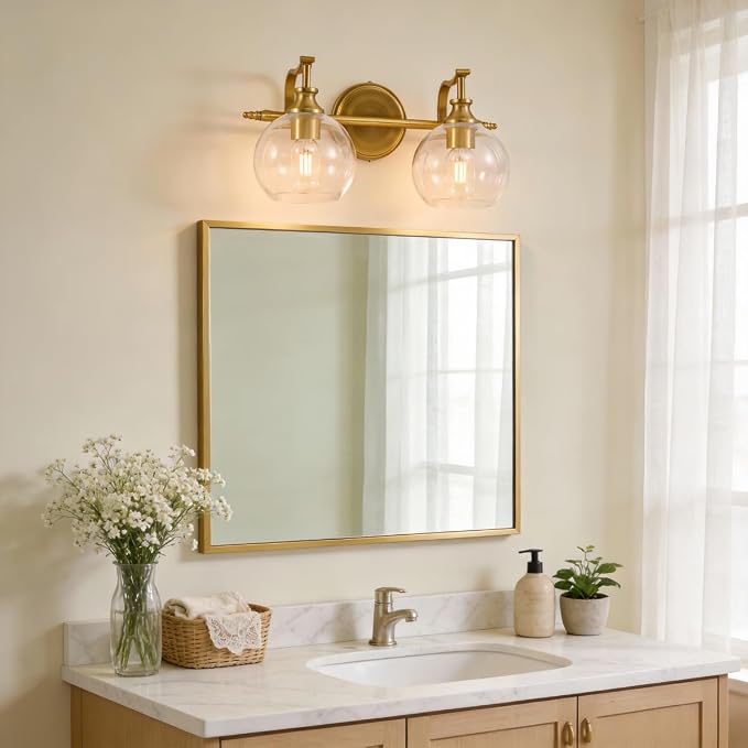 Gold Bathroom Light Fixtures, 2-Light Brass Vanity Light, Modern Sconces with Globe Clear Lampshade, Farmhouse Bathroom Lighting Fixtures Over Mirror with Metal Lamp Body, E26 Base