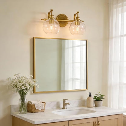 Gold Bathroom Light Fixtures, 2-Light Brass Vanity Light, Modern Sconces with Globe Clear Lampshade, Farmhouse Bathroom Lighting Fixtures Over Mirror with Metal Lamp Body, E26 Base