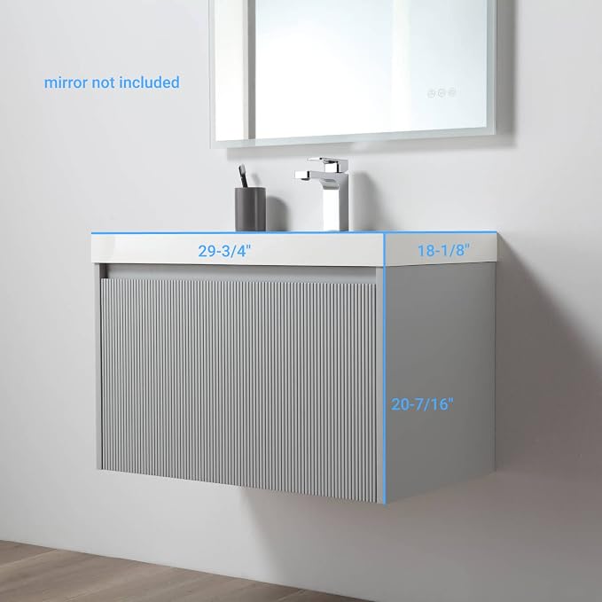 Blossom 30 Inch Bathroom Vanity with Sink | All Wood Wall Mounted Floating Vanity Cabinet with Acrylic Sink | Soft-Close Drawer | Modern Minimalist Style Vanities (30" w/Acrylic Basin, Light Grey)