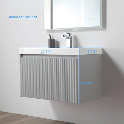 Blossom 30 Inch Bathroom Vanity with Sink | All Wood Wall Mounted Floating Vanity Cabinet with Acrylic Sink | Soft-Close Drawer | Modern Minimalist Style Vanities (30" w/Acrylic Basin, Light Grey)
