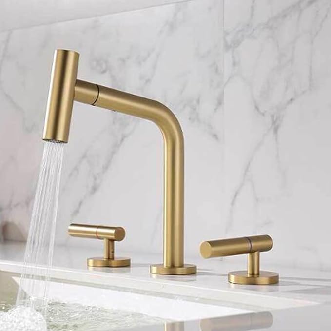 3 Hole Basin Faucets Pull Out Basin Mixer Faucet Brass 2 Mode Hot and Cold Water Double Handle Bathroom Mixer Faucet-Brushed Gold