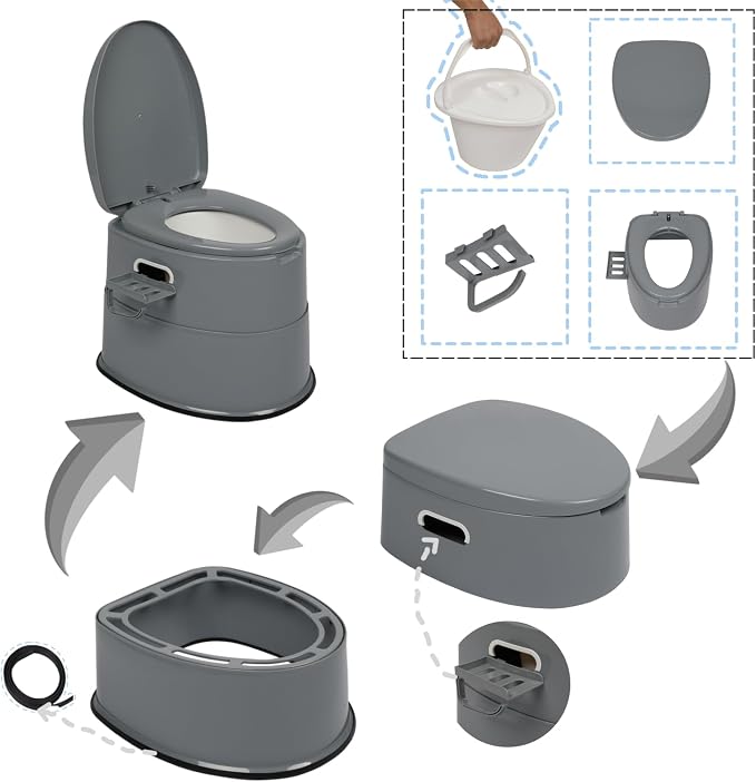 Convenient Grey Portable Toilet,Outdoor Indoor porta potty | Removable Inner Bucket, Removable Toilet Paper Holder, Simple Install Design,Portability for Camping, RV, Travel,Beach,Boat