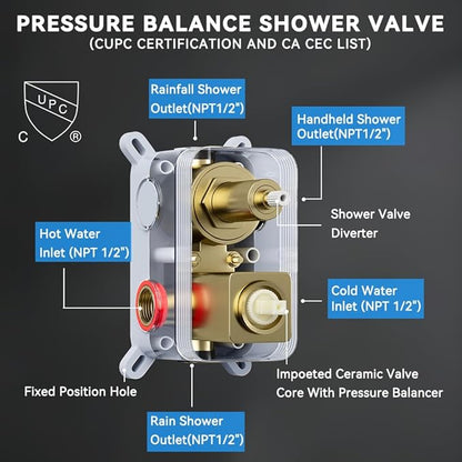 Brushed Gold Shower System with Body Jets, STARBATH 12 Inch Rainfall Shower System and 2 in 1 Handheld Spray Shower Jets System in Wall, Complete Wall Mounted 3 Way Shower Faucet Set with Valve Kit