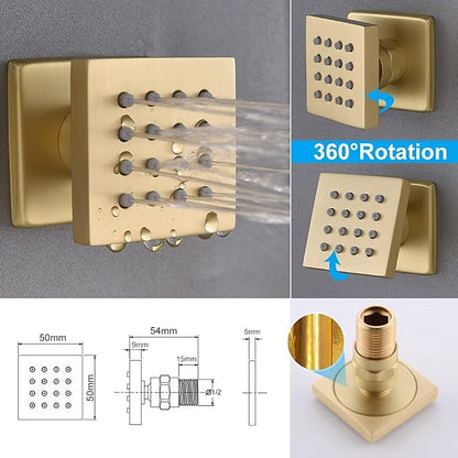 Brushed Gold Shower System AYIVG Temperature Display Thermostatic Shower System Ceiling Mount 12 Inch LED Rain Shower Head System with 6 Body Jets and Handheld Bathroom Shower Faucet Set