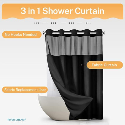 RiverDream Heavyweight Waffle No Hook Shower Curtain with Liner,Black,71x86 | Dotted Waffle,Snap-in Liner,Heavy Duty,Quick Dry,Mesh Top Window,With Bottom Magnets,Hotel-Grade,Washable,Extra Long Size