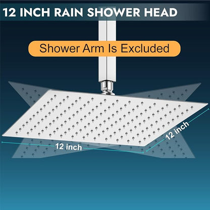 Midanya Square Rain Shower Head,High Pressure,Polish Chrome 12 Inch | 360°Swivel,Ceiling or Wall Mount,Waterfall Full Body Coverage,Bathroom Remodel,Stainless Steel Large Rainfall Shower Head