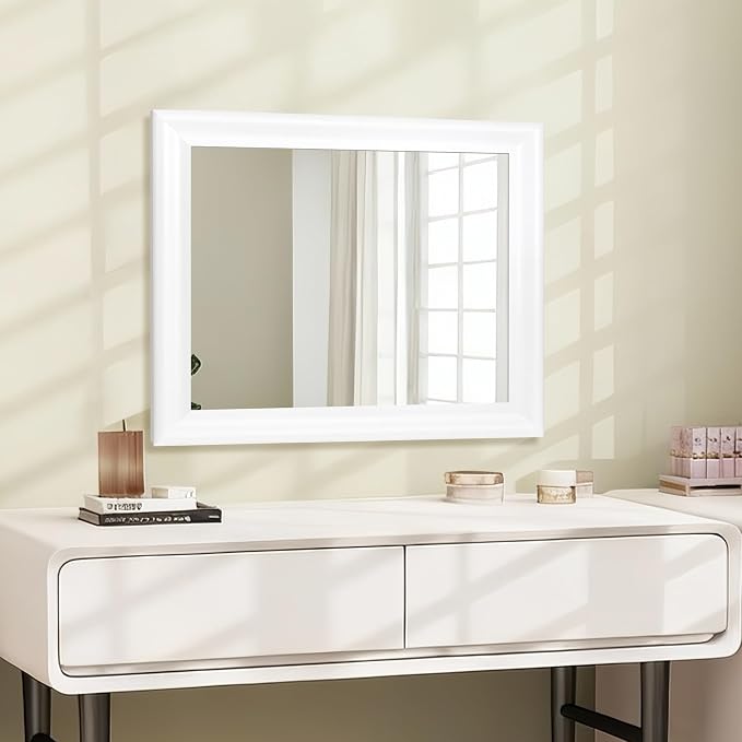 White Wood Wall Mirror for Bathroom,Rectangle 20 x 16 inch Vanity Mirrors | Hanging Mirror with Wooden Frame for Living Room,Bedroom,Entryway