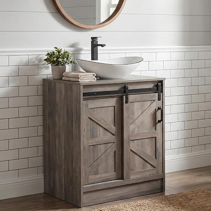 24" Farmhouse Bathroom Vanity with Sink, Bathroom Storage Cabinet with Sliding Barn Doors & Metal Handle, Freestanding Vanity with White Ceramic Boat Sink Combo Set