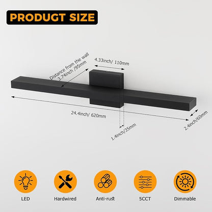 Bathroom Vanity Light Black Bath Light Fixtures 5CCT Dimmable Wall light | 24.4 inch Modern LED Vanity Light Bar for Bathroom Over Mirror 24W