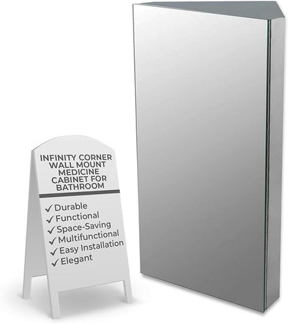 Renovators Supply Infinity Corner Medicine Cabinet with Mirror - Triple Shelf Storage Cabinet - Modern Wall Mount Medicine Cabinet - 23.6 in., Left Open, Brushed Stainless Steel, Pack of 1