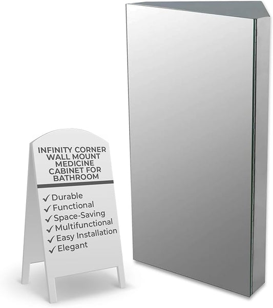 Renovators Supply Infinity Corner Medicine Cabinet with Mirror - Triple Shelf Storage Cabinet - Modern Wall Mount Medicine Cabinet - 23.6 in., Left Open, Brushed Stainless Steel, Pack of 1