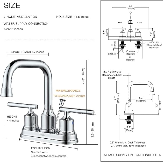 WOWOW Chrome 4 Inch Bathroom Sink Faucet Centerset Lift Rod Drain Stopper 2 Handle Lavatory Commercial Contemporary Faucet High Arc Brass Faucets for Bathroom