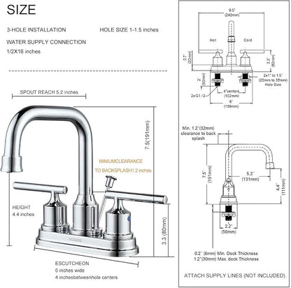 WOWOW Chrome 4 Inch Bathroom Sink Faucet Centerset Lift Rod Drain Stopper 2 Handle Lavatory Commercial Contemporary Faucet High Arc Brass Faucets for Bathroom