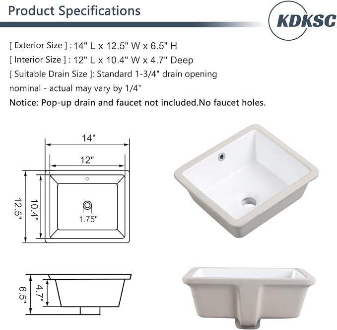 14 Inch Undermount Bathroom Sink White Rectangular,Overflow Type | Small Ceramic Under Counter Bathroom Sink for Cabinet Porcelain Vanity Sinks (14"x12.5")