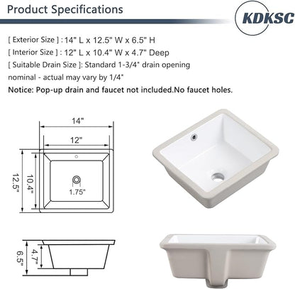 14 Inch Undermount Bathroom Sink White Rectangular,Overflow Type | Small Ceramic Under Counter Bathroom Sink for Cabinet Porcelain Vanity Sinks (14"x12.5")