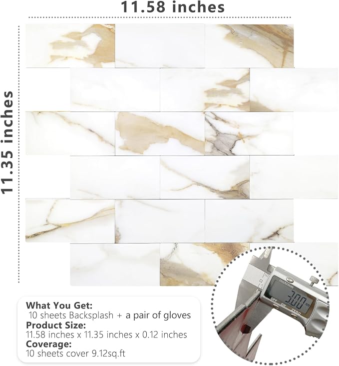 STICKGOO 10-Sheet Peel and Stick Backsplash, Calacatta Golden | Marble Look Kitchen Backsplash Wall Tiles, Peel and Stick Wall Panels for Bathroom, Fireplace, RV