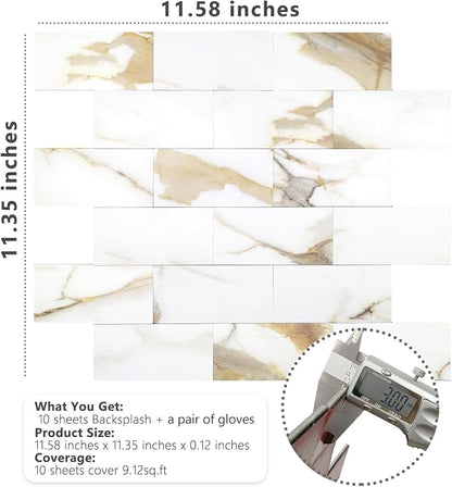 STICKGOO 10-Sheet Peel and Stick Backsplash, Calacatta Golden | Marble Look Kitchen Backsplash Wall Tiles, Peel and Stick Wall Panels for Bathroom, Fireplace, RV