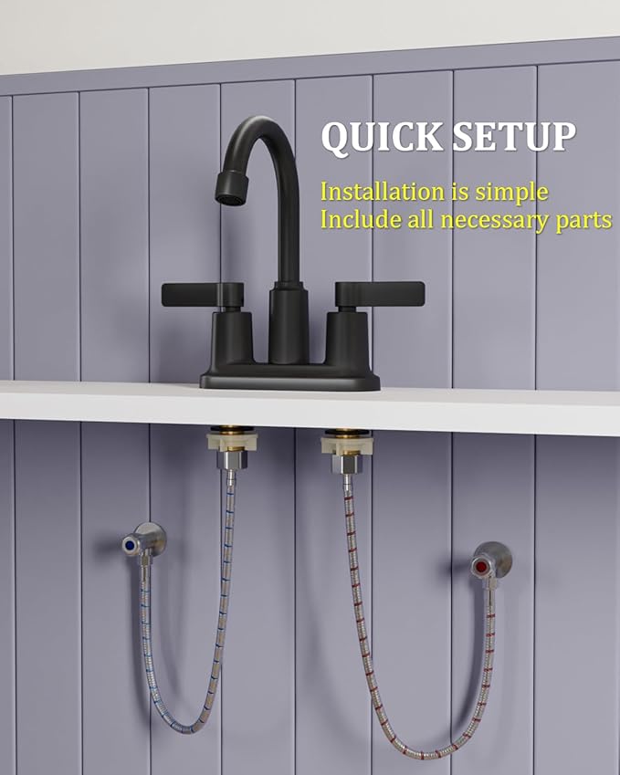 Bathroom Faucets for Sink 3 Hole, Evolvegoods 4 Inch Matte Black Bathroom Faucet with Pop Up Drain and 2 Supply Hoses, 2-Handle Centerset Faucet for Sink Vanity RV