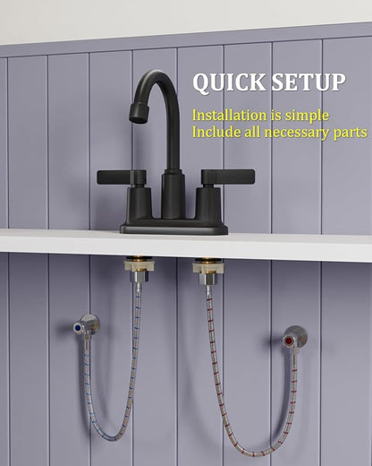 Bathroom Faucets for Sink 3 Hole, Evolvegoods 4 Inch Matte Black Bathroom Faucet with Pop Up Drain and 2 Supply Hoses, 2-Handle Centerset Faucet for Sink Vanity RV