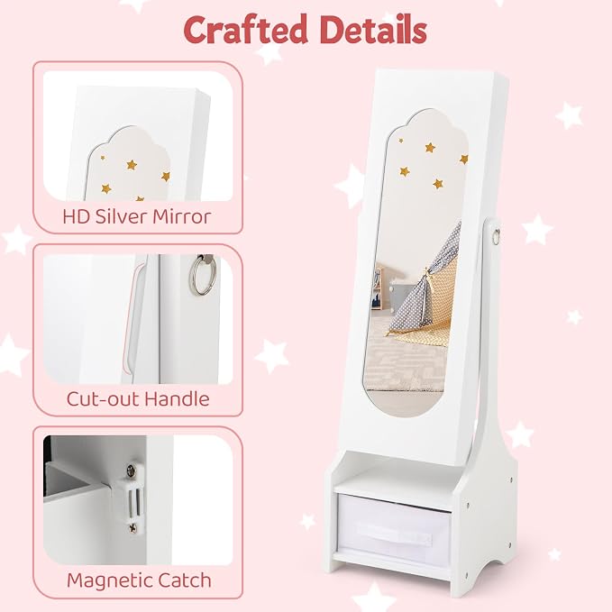 CHARMAID Kids Jewelry Armoire Cabinet - Standing jewelry Organizer for Girls, Full Length Mirror, Storage Drawers and Shelves, Kids Vanity Dressing Mirror with Storage (White)