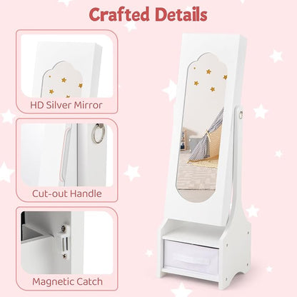 CHARMAID Kids Jewelry Armoire Cabinet - Standing jewelry Organizer for Girls, Full Length Mirror, Storage Drawers and Shelves, Kids Vanity Dressing Mirror with Storage (White)