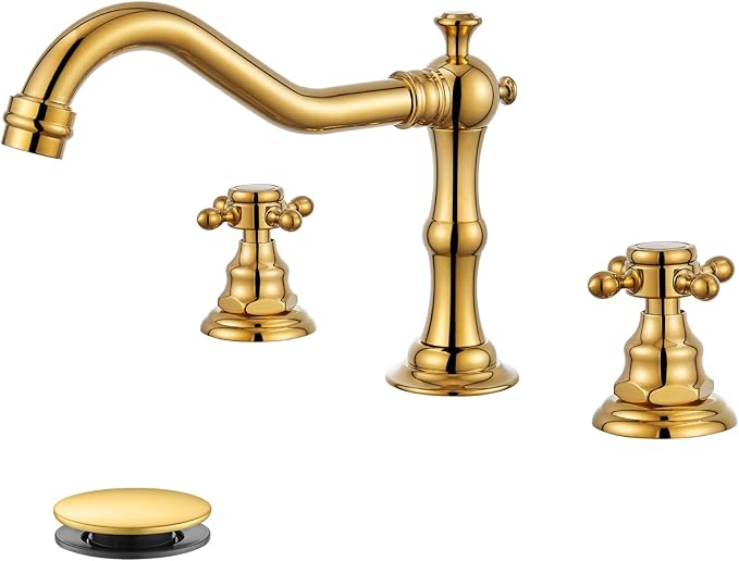 gotonovo 3 Hole Widespread Bathroom Sink Faucet Double Cross Handle Mixer Tap Faucet for Bathroom Sink Vanity Faucet Deck Mount Basin Hot Cold Water Matching Pop Up Drain Polished Gold