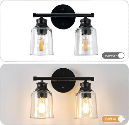 Bathroom Light Fixtures Over Mirror, 2 Lights Vanity Lights with Clear Glass Shade, 12.1" Matte Black Farmhouse Bathroom Wall Light Fixtures for Bedroom, Porch, Hotel, Mirror Cabinet