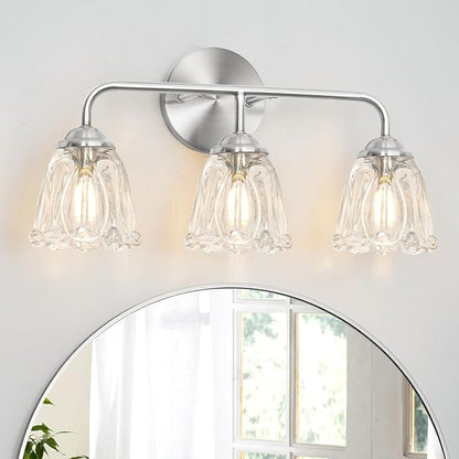 Vintage Batheoom Vanity Light, Brushed Nickel Vanity Lighting, Elegant 3-Light Bathroom Light with Flower Glass Shade, Lighting Fixture over Mirror, Wall Sconce Lighting for Bedroom Living Room