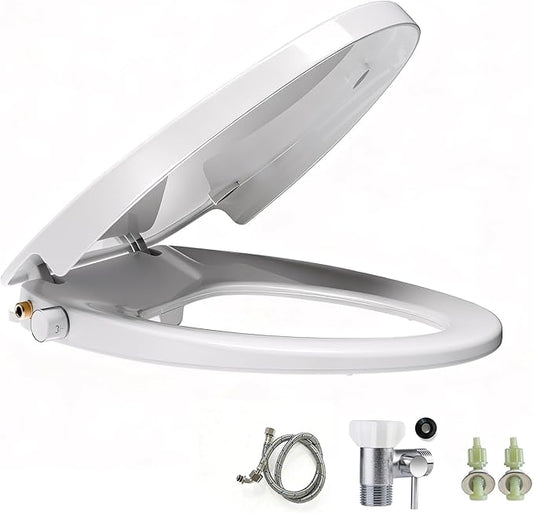 Elongated Bidet Toilet Seat with Soft-Close Lid, Self-Cleaning Dual Nozzles, Non-Electric Bidet Seat with Adjustable Water Pressure, White Toilet Seat for Elongated Toilets with Brass Inlet