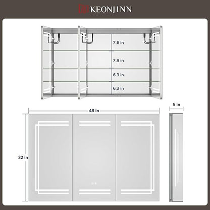 Keonjinn 48 x 32 Inch Large Medicine Cabinet with Lights, LED Medicine Cabinet Mirror for Bathroom, Adjustable Shelves, Tempered Glass, No Outlets, Dimmable, 3 Color Lights, Anti-Fog, Wall Mount Only