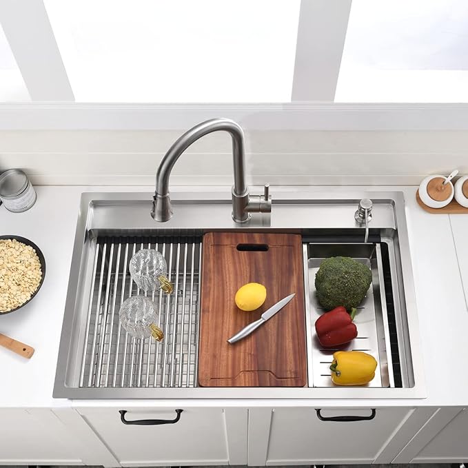 33 Inch Drop In Kitchen Sink Workstation - VOKIM 33X22 Inch Drop In sink Stainless Steel Splash Guard 16 Gauge 10'' Deep Single Bowl Handmade Topmount Sink with Cutting Board& Strainer