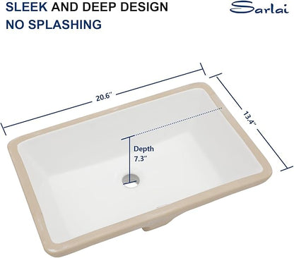 Sarlai Undermount Rectangular Vessel Sink - 21 x 13 inch Modern White Ceramic, Vanity Sink Art Basin with Overflow, Interior Bowl Size 18.9"x11.8"x4.75"
