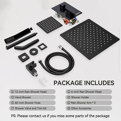 Shower System Shower Faucet Set, STARBATH 12"+6" Wall Mount Rain Shower Head and Handheld Spray for Two Person, Rainfall Shower System with Diverter Valve and Trim Kit Complete,Matte Black