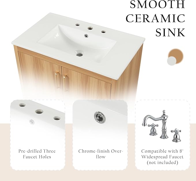 LUMISOL 30" Bathroom Vanity with Sink, Small Single Bathroom Vanity with Drawer and Soft-Close Doors, Storage Racks, Wooden Freestanding Bathroom Cabinet with Ceramic Sink, Natural