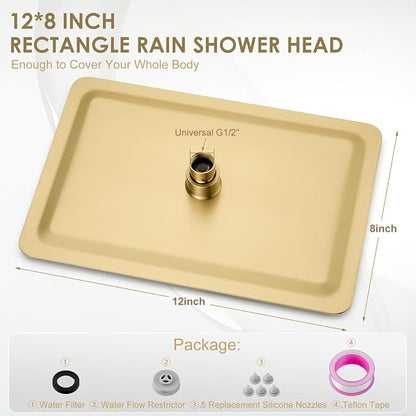 12 x 8 Inch Rectangle Rain Shower Head Brushed Gold, All Metal Stainless Steel 304, Full Body Rainfall Shower with 112 Silicone Nozzles, High Flow Waterfall Showerheads