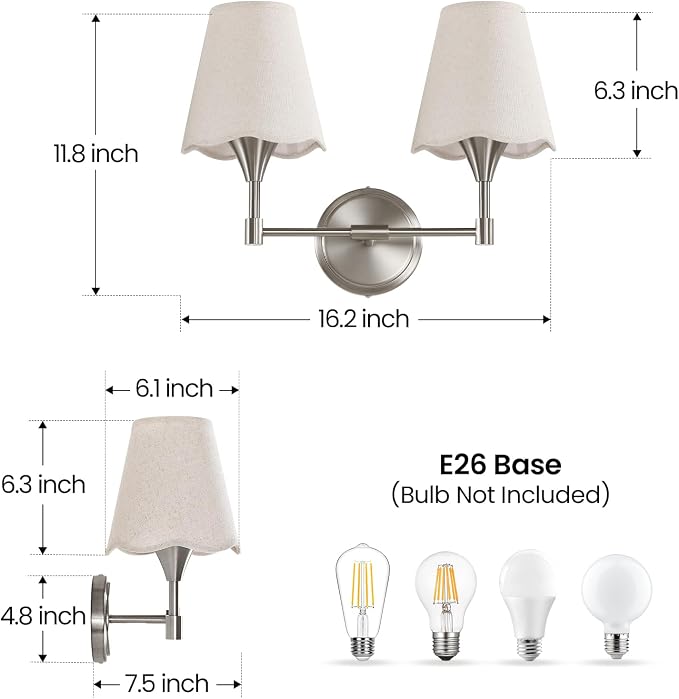 Brushed Nickel Bathroom Light Fixtures: Modern Bathroom Vanity Lights over Mirror with Flared Fabric Shade, Vanity Lighting Fixtures, 2 Light Wall Sconces Lighting for Bedroom Hallway Living Room
