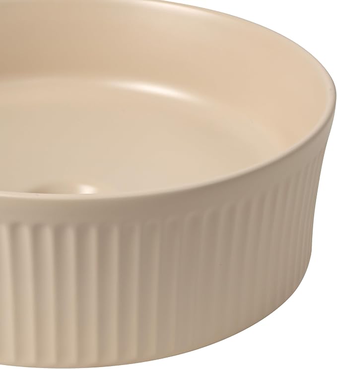 JONATHAN Y Element 14.75" Round Fluted Vessel Sink, Matte Beige | Ceramic, Above Counter Vanity Basin, 5.25" Height, 1.75" Drain Hole, Stain Resistant Glaze, Modern Minimalist Style