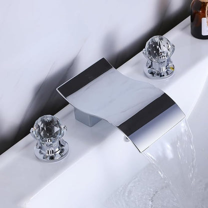 Widespread Bathroom Sink Faucet with Crystal Knob 3 Hole Waterfall Vanity Faucet 8 Inch Crystal Bathroom Faucets Deck Mount Basin Mixer Tap with Hose, Chrome