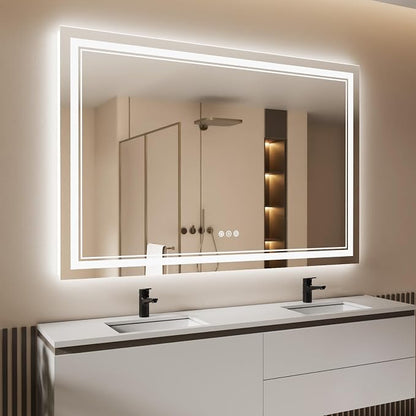 60x40 Inch LED Bathroom Mirror with Lights | Front and Backlit, 3 Colors, Dimmable, Memory, Anti Fog, Shatterproof, Horizontal/Vertical, Lighted Mirrors for Bathroom Wall
